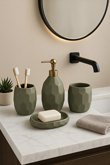 OEM Ceramic bathroom set, emerald green, 4 pieces, honeycomb pattern