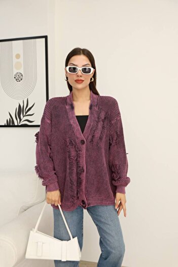AYASOFYA OTANTIK Women's Purple Button Closure Vintage Detailed Loose Cotton Knitwear Long Cardigan Cap