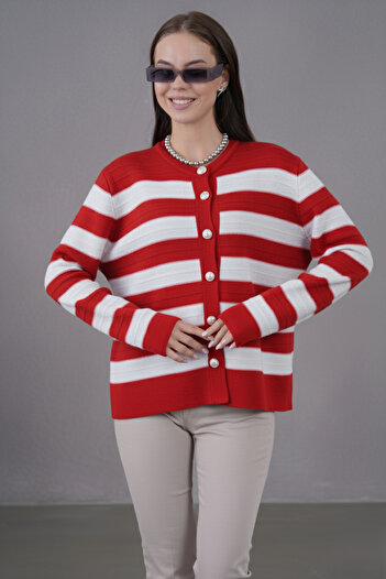 hayal giyim Women's Crew Neck Silver Button Detailed Knitwear Cardigan