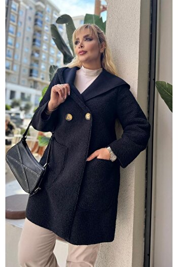 Butik Nilyam Women's Plus Size Hooded Button Detailed Pocket Lamb Cardigan Jacket 25052