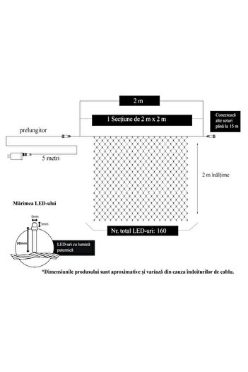 GOLD MARKET Christmas Net Installation, 2 m x 2 m, 160 LEDs, Warm White, transformer with 8 world games