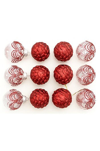 OEM Set of 12 Christmas baubles, With glitter and shiny pebbles, Round/Cone shape, Classic decor
