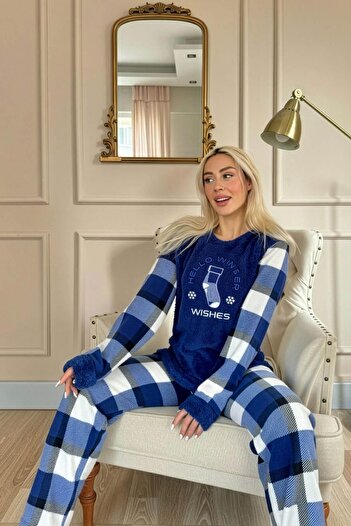 Pijamaevi Navy Blue Wishes Patterned Women's Plush Pajama Set