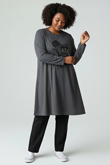 ECE GİYİM Women's Front Stone-Detail Tunic with Elastic Sleeves in Oversize Size