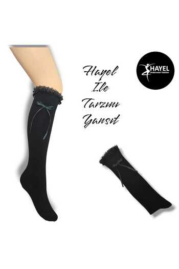 HAYEL 1 Pair Women's Black Knee-High Lace Bow High-Quality Cotton Socks