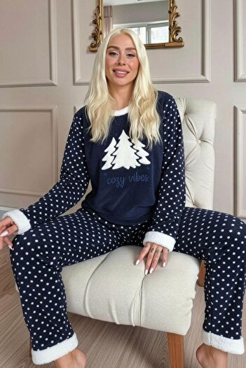 Pijamaevi Navy Blue Pine Tree Patterned Women's Plush Pajama Set