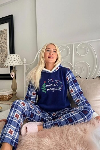 Pijamaevi Navy Blue Magic Patterned Hooded Plush Fleece Pajama Set