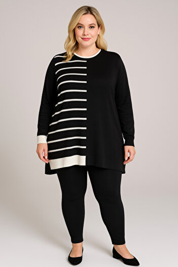 HÜLYA BUTİK Women's Black and White Striped Knitwear Tunic