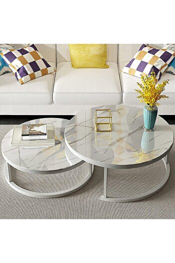 Türkiye Set of 2 Modern Nest of Tables Nesting Coffee Tables for Living Room Round Sofa Side End Table Livin