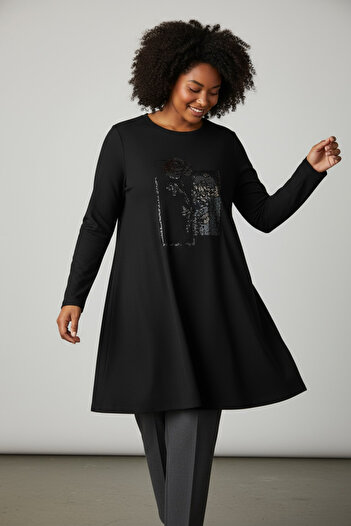 ECE GİYİM Women's Front Stone-Detail Tunic with Elastic Sleeves in Oversize Size