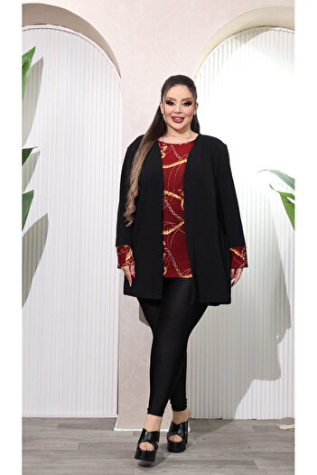 HÜLYA BUTİK Women's Plus Size Burgundy Inner Black Jacket Suit
