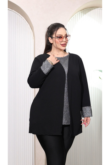 HÜLYA BUTİK Women's Plus Size Glitter Lined Black Jacket Set