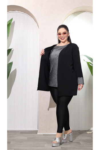 HÜLYA BUTİK Women's Plus Size Glitter Lined Black Jacket Set