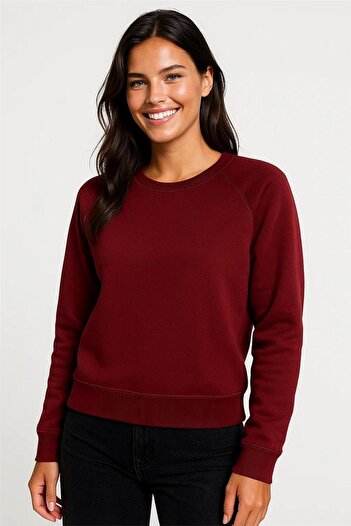 WeShaya Burgundy Raglan Sleeve Ribbed Detail Crew Neck Three Thread Raised Crop Sweatshirt