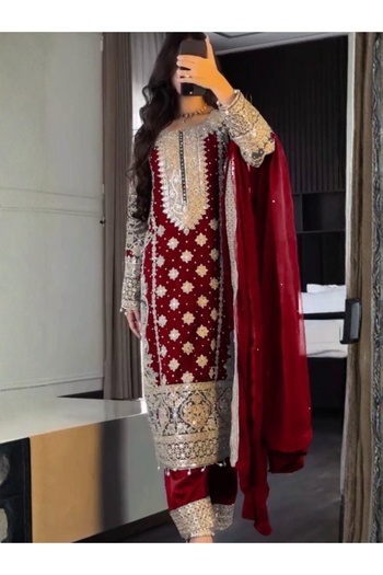 MYSMAR Maroon Faux Georgette Salwar Kameez & Dupatta - HRT3659 | Maroon