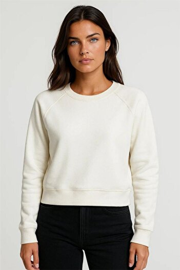 WeShaya Ecru Raglan Sleeve Ribbed Detail Crew Neck Three Thread Crop Sweatshirt