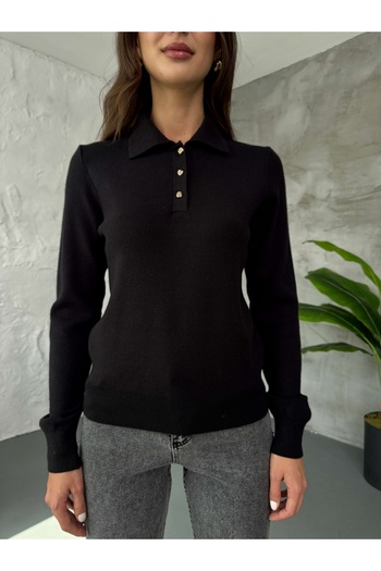 Elif Özbey Butik Black Polo Neck Rose Button Knit Sweater