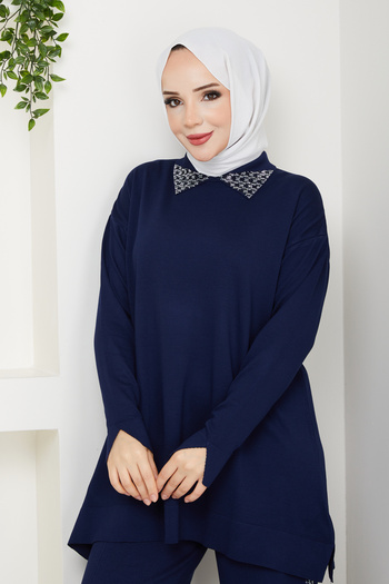 Pamuk Butik Women's Double Knitwear Set with Mercerized Pants and Stone Collar