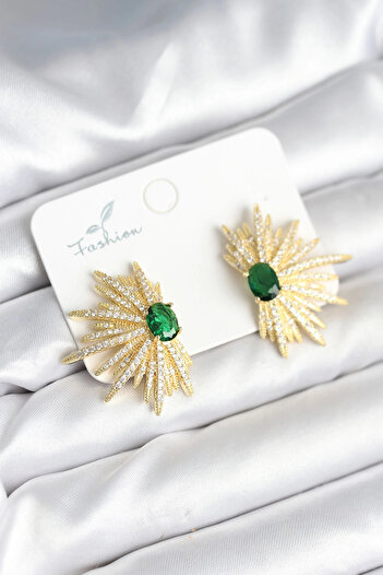 Bernami Special Green Stone Detailed Zircon Stone Gold Color Brass Women's Earrings Offer!! !