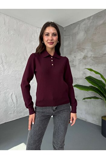 Elif Özbey Butik Burgundy Polo Neck Rose Buttoned Knitwear Sweater