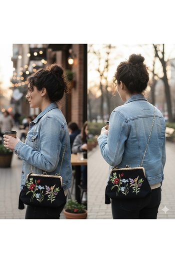 Home Black Linen Hand Embroidered Vintage Style Bag. Gold Color Chain Detailed. 100% Handmade 25X15 Size