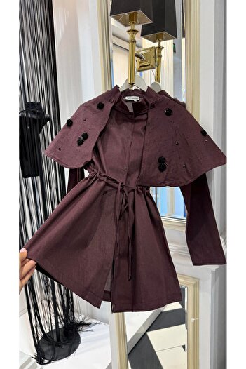 BZ BUTİK Floral Motif and Stone Embellished Cape Tie-Up Jacket