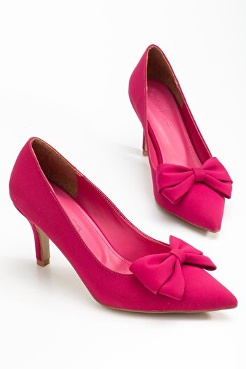 Dilimler Ayakkabı Plus Size Women's Stiletto Thin Heel Shoes Fuchsia Satin with Bow