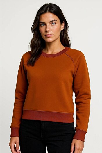 WeShaya Orange Raglan Sleeve Ribbed Detail Crew Neck Three Thread Raised Crop Sweatshirt