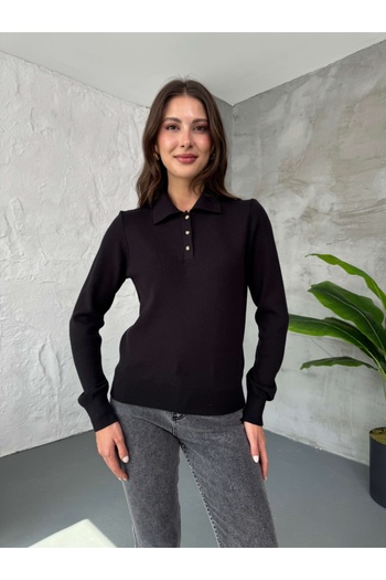 Elif Özbey Butik Black Polo Neck Rose Button Knit Sweater