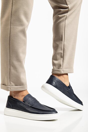 Dilimler Ayakkabı Genuine Leather Men's Casual Shoes Navy Blue Belted College Model Flat Sole