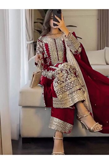 MYSMAR Maroon Faux Georgette Salwar Kameez & Dupatta - HRT3659 | Maroon