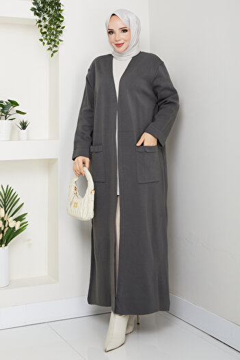 Pamuk Butik Γυναικεία μακριά πλεκτή ζακέτα από ατσάλι με τσέπες