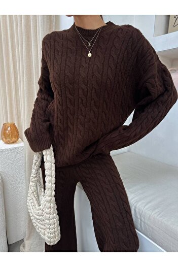BOUQUET OF TULİP Hair Braid Model Crew Neck Sweater Knitwear Pants Set