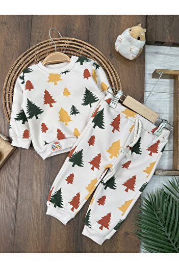 Bolly Baby 3-Thread Cotton Pine Printed Winter Unisex Baby Set with Snap Fasteners on the Shoulders