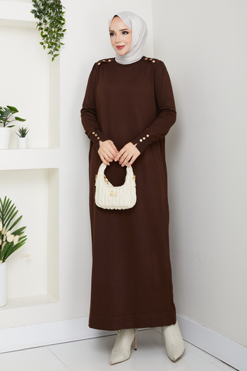 Pamuk Butik Women's Mercerized Knit Dress with Shoulder Pads, Bitter Brown