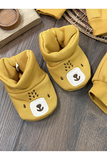 Bolly Baby 3-Thread Cotton Slippers with Booties, Teddy Bear Embroidery, Snap Fasteners on the Shoulders, Winter Baby Boy Set