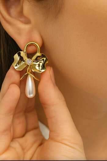 ÖZÜM TAKI Women's Steel Bow Model Pearl Zircon Stone Earrings Gold