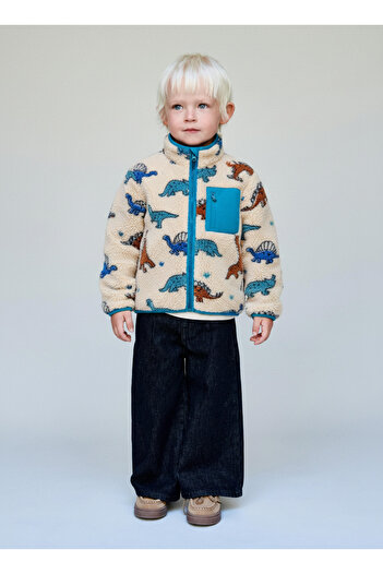 Magu Boy's Cotton Cream Animal Pattern Fleece Jacket - Zippered Pockets