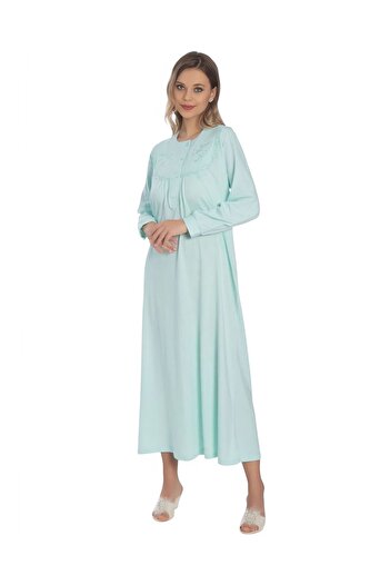 Dayı 100% Cotton Combed Embroidered Half Placket Buttoned Women's Long Sleeve Classic Mother Nightgown Dy1001