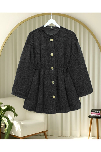Modamorfo Fur Coat with Lining and Gathered Waist - Black