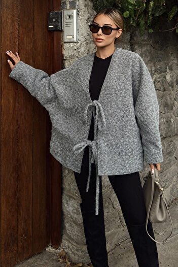 Swist Gray Oversize Women's Wool Cashmere Jacket with Tie Detail