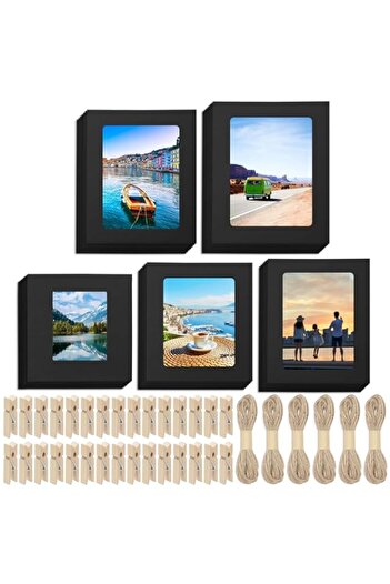 Generic Keadic 105PCS Paper Picture Frames 5 Sizes Black Cardboard Photo Frame with Wooden Clips and String