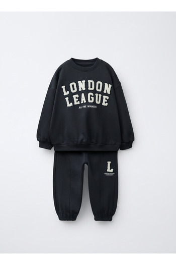 Magu Boys' Cotton Navy Blue London League Lettered Tracksuit Set - College Style Sportswear Model