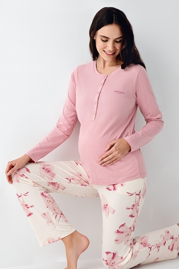 Pierre Cardin Women's Licensed Maternity Wear Soft Texture Long Sleeve Floral Pattern Pajama Set with 2 Pairs of Socks Gift
