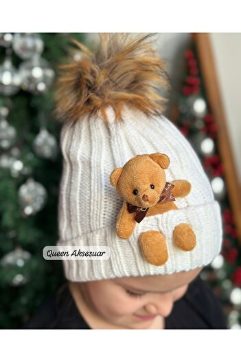 QUEEN AKSESUAR Fluffy Plush Teddy Bear Toy Fancy Cream White Knitwear Beanie Boy Girl Children's Hat