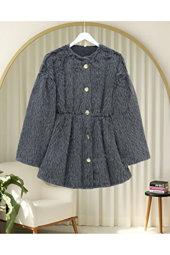 Modamorfo Fur Coat with Lining and Gathered Waist - Smoked