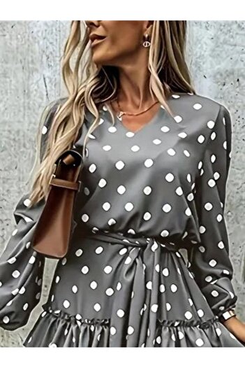 EyesOf Women's long sleeve v-neck belted waist polka dot mini modal dress