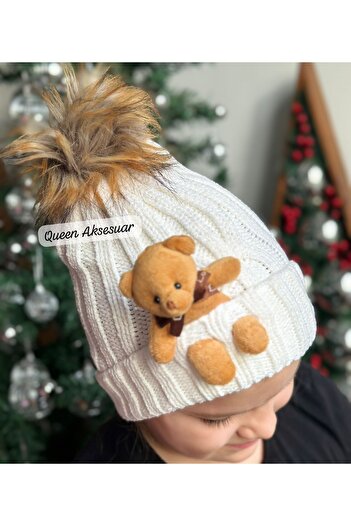 QUEEN AKSESUAR Fluffy Plush Teddy Bear Toy Fancy Cream White Knitwear Beanie Boy Girl Children's Hat
