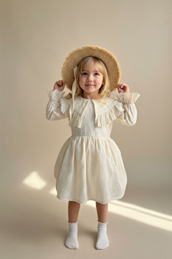 Magu Girl's Cotton Cream Lace Ruffle Collar Long Sleeve Dress - Elegant Wedding & Special Occasion Model