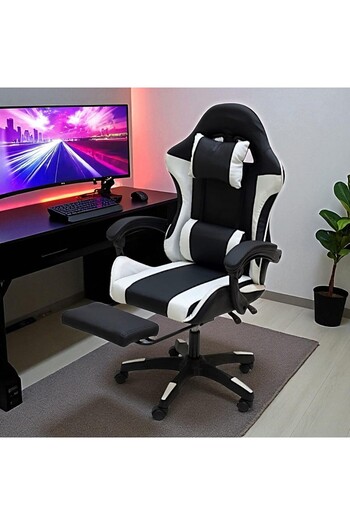Sabir and Bros Furniture LLC SBF Gaming Chair with Footrest, Adjustable Height, Faux Leather Office Computer Chair, White Black
